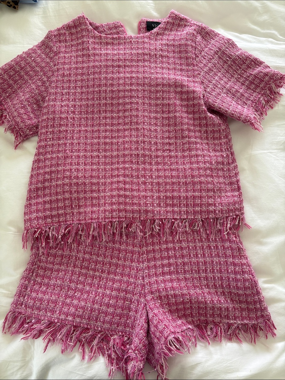 Vici Pink Tweed Fringed Two-Piece Set medium